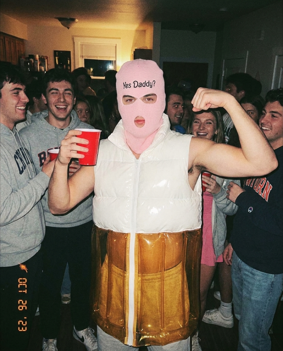The Beer Jacket worn with the pink Yes Daddy? balaclava at a party